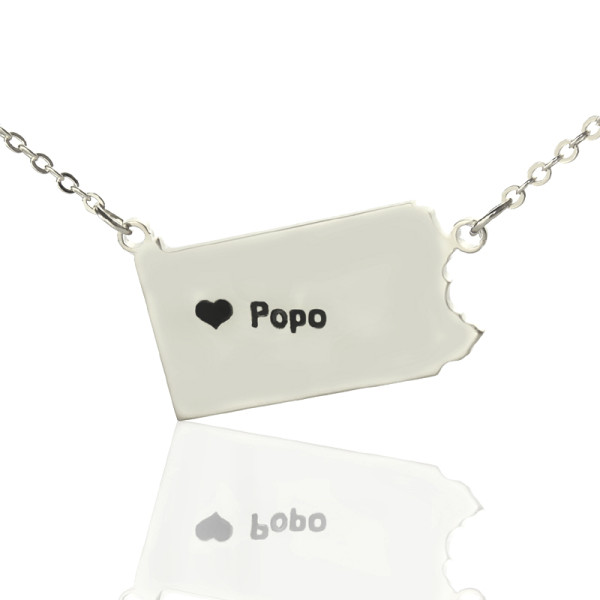 Custom Pennsylvania State Map Necklace w/ Heart & Name - Sterling Silver