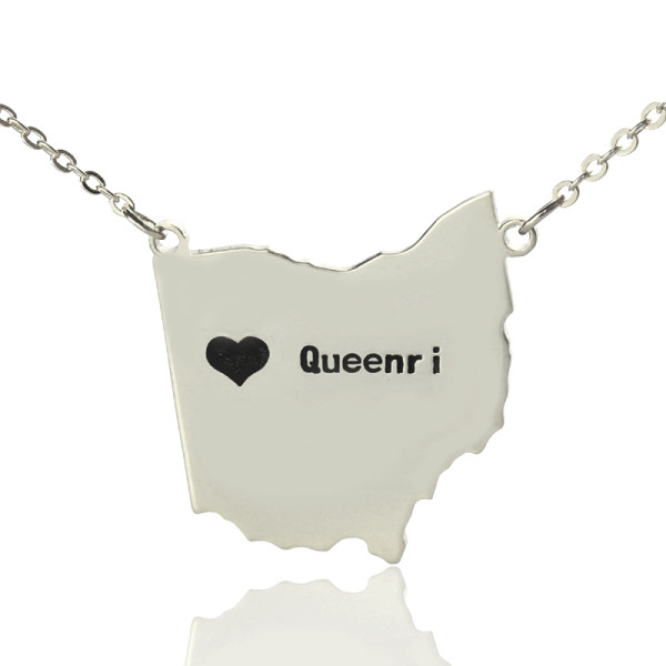 Silver Hand-Stamped Name Ohio State USA Map Necklace with Heart