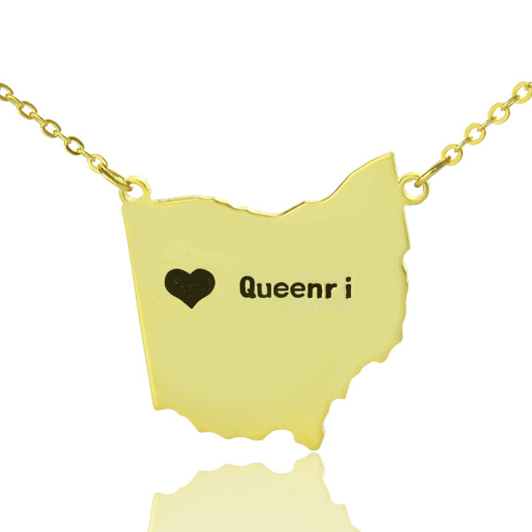 Personalised Ohio State USA Map Heart Name Necklace, Gold Plated