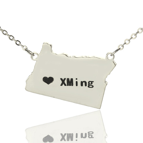Personalised Silver Map of Oregon State Necklace with Heart Shape and Custom Engraving