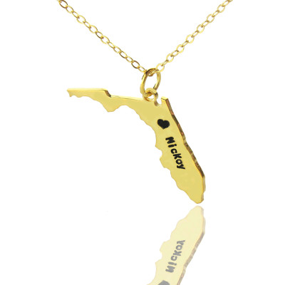 Custom Florida State USA Map Necklace With Heart  Name Gold Plated - By The Name Necklace;
