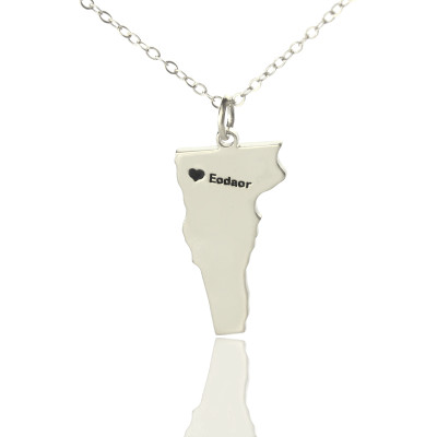 Custom Vermont State USA Map Necklace With Heart  Name Silver - By The Name Necklace;