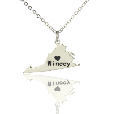 Virginia State USA Map Necklace With Heart  Name Silver - By The Name Necklace;