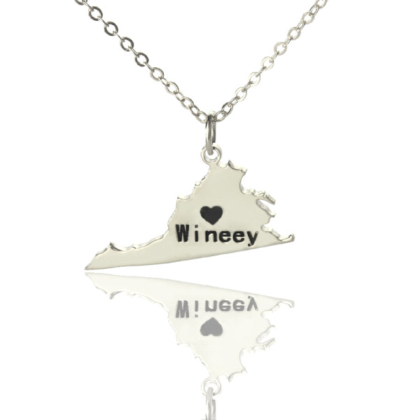 Personalised Sterling Silver Virginia State USA Map Necklace With Heart