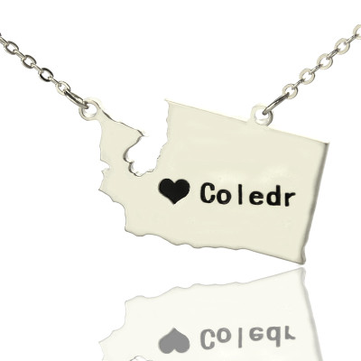 Personalised Sterling Silver Washington State Map Necklace with Heart Charm