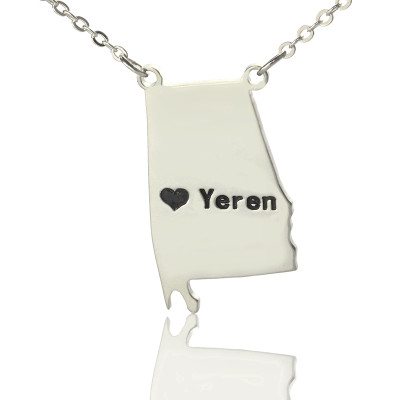 Personalised Alabama State Map Necklace with Heart, Engraved Name, Silver