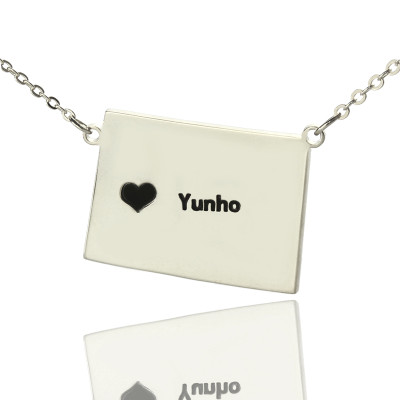 Wyoming State Shaped Map Necklaces With Heart  Name Silver - By The Name Necklace;
