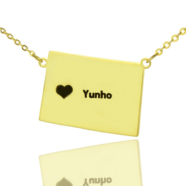 Gold Plated Name Wyoming State Map Necklace with Heart