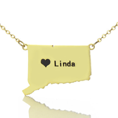 Connecticut State Shaped Necklaces With Heart  Name Gold Plate - By The Name Necklace;