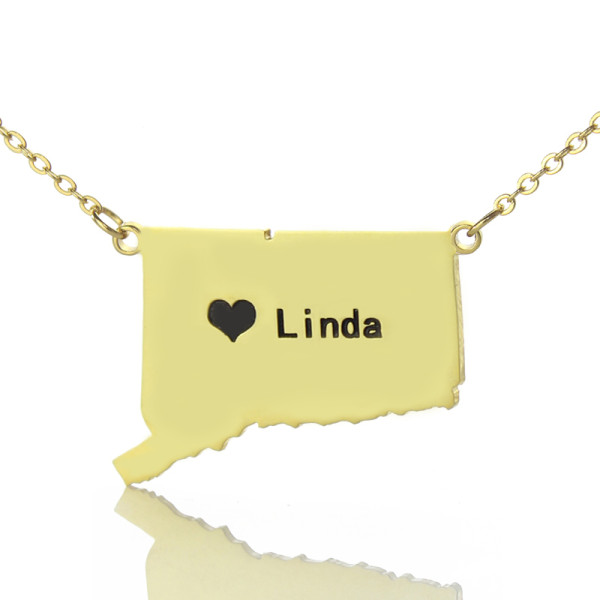 Gold Plated Connecticut State Shaped Necklace with Heart Charm