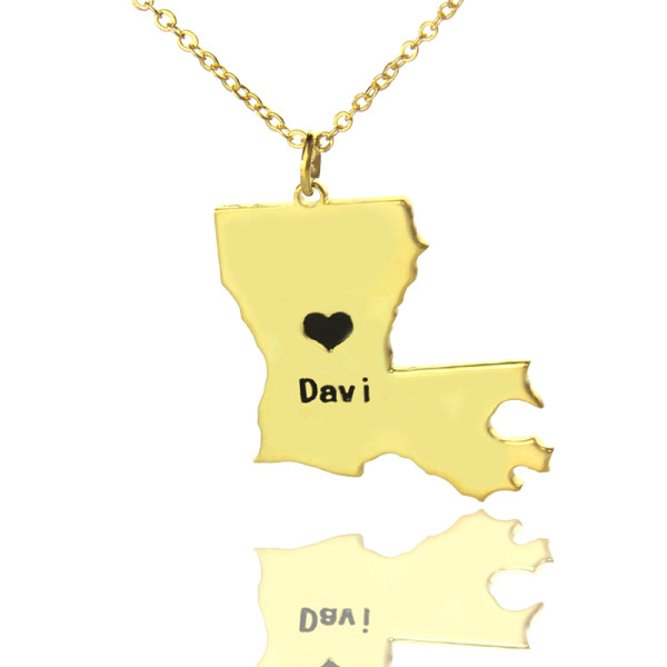 Gold Plated Custom Name Heart Louisiana State Shaped Necklaces