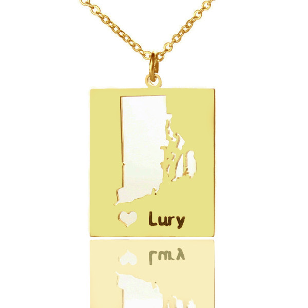 Custom Rhode Island Dog Tag with Heart-Shaped Nameplate - Gold Plated