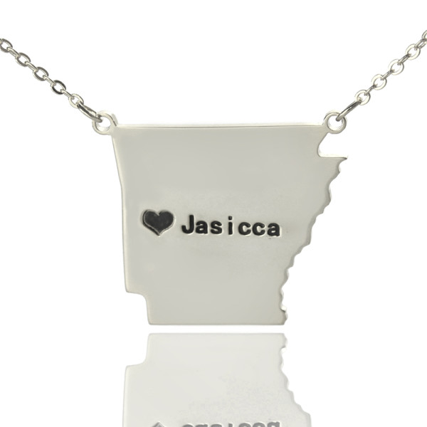 Personalised AR State Map Necklace With Heart - Sterling Silver
