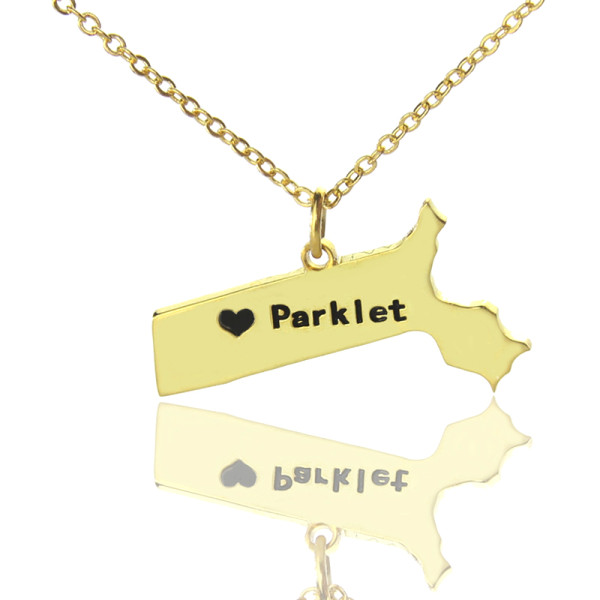 Massachusetts State-Shaped Gold Plated Necklace with Heart Charms