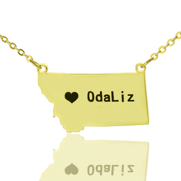 Personalised Montana State-Shaped Necklace with Heart & Name in Gold Plating