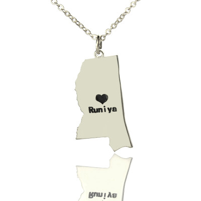 Mississippi State Shaped Necklaces With Heart  Name Silver - By The Name Necklace;