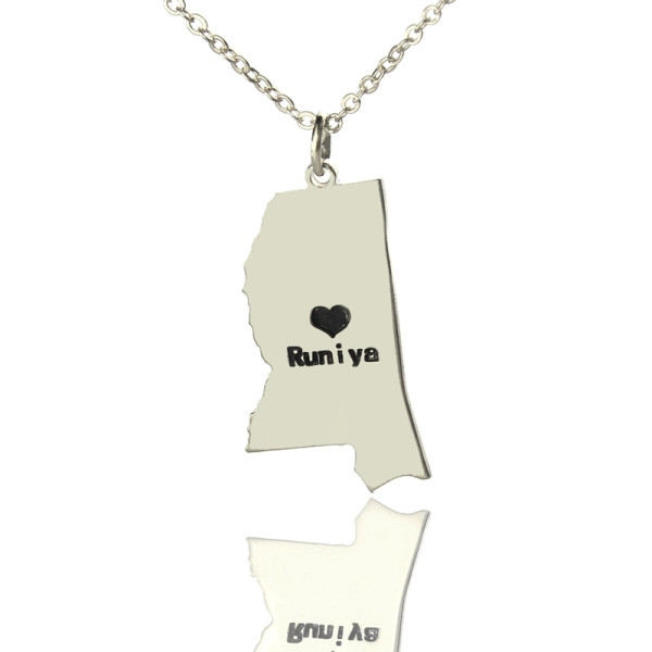 Silver Name Mississippi State Shaped Necklace with Heart