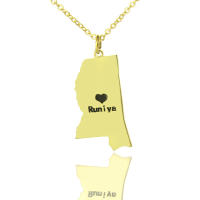Gold Plated Mississippi State Shape Necklace With Heart