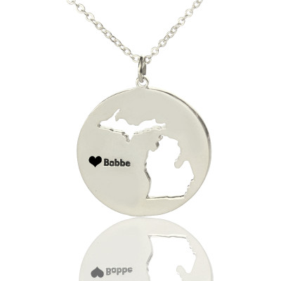 Custom Michigan Disc State Necklaces With Heart  Name Silver - By The Name Necklace;