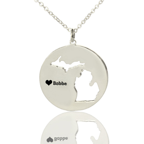 Personalised Michigan Disc State Necklaces with Heart Shape & Silver Name