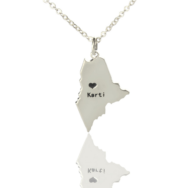 Personalised Maine State Shaped Necklace w/ Heart & Name in Silver