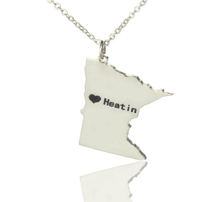 Custom Minnesota State Shaped Necklaces With Heart  Name Silver - By The Name Necklace;