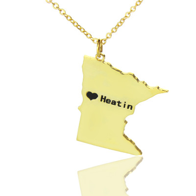 Gold Plated Custom Name Necklaces Shaped Like Minnesota State with Heart