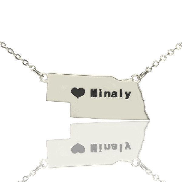 Personalised Nebraska State Inscribed Necklace with Heart Engraved Name Sterling Silver