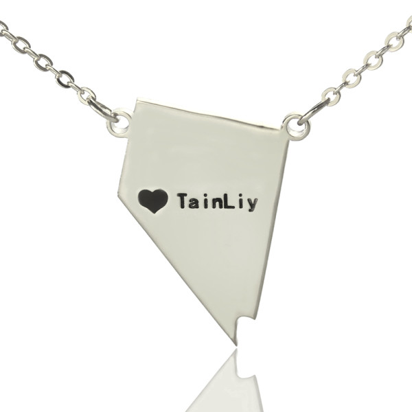 Silver Personalised Nevada State Shaped Necklace with Heart & Name"