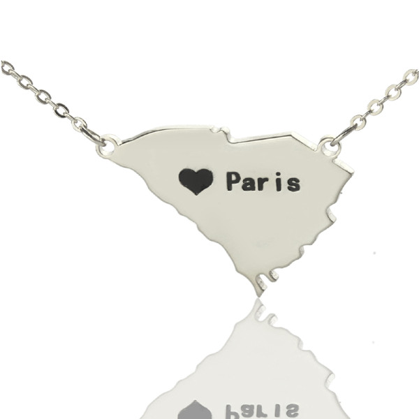 Engraved South Carolina State Shaped Name Necklace with Heart in Silver