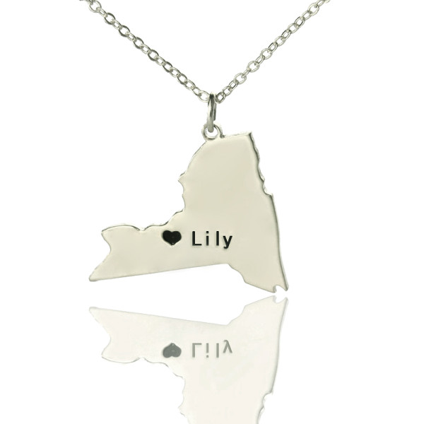 Custom Silver Name Necklaces in Heart Shape of New York State