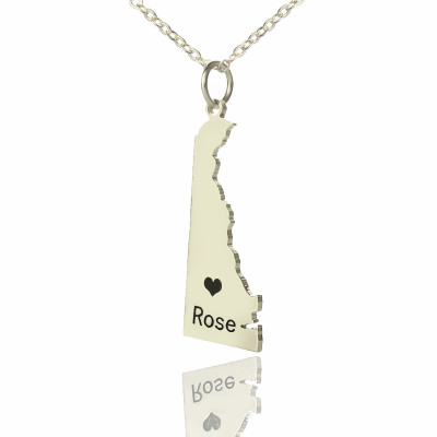 Custom Delaware State Shaped Necklaces With Heart  Name Silver - By The Name Necklace;