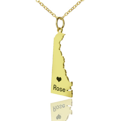 Gold Plated Custom Name Delaware State Shaped Necklace with Heart