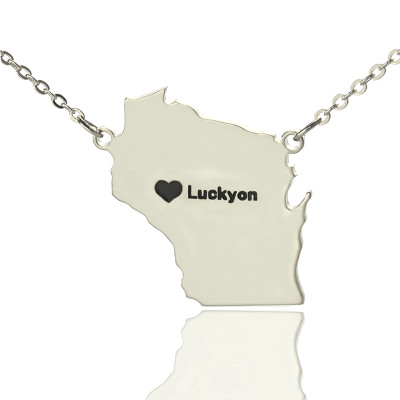 Custom Wisconsin State Shaped Necklaces With Heart  Name Silver - By The Name Necklace;