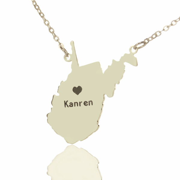 Personalised West Virginia State Pendant Necklace with Heart and Name in Silver"