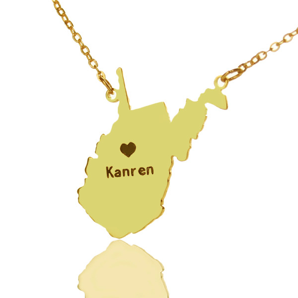 West Virginia State Shaped Necklaces with Heart & Gold Name Engraving