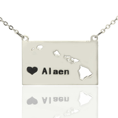 Silver Custom Name Necklace in Hawaii State Shape with Heart