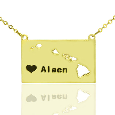 Custom Hawaii State Shaped Necklaces With Heart  Name Gold Plated - By The Name Necklace;