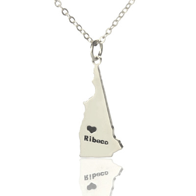 Custom New Hampshire State Shaped Necklaces With Heart  Name Silver - By The Name Necklace;