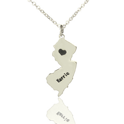 Personalised New Jersey State Necklace with Heart Shaped Nameplate - Silver
