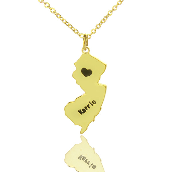 Personalised New Jersey State Shaped Name Necklace with Heart in Gold