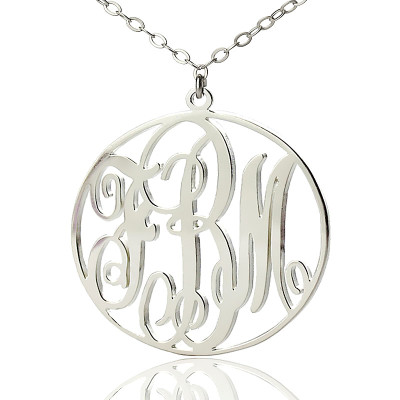 Personalised 18ct White Gold Plated Vine Font Circle Initial Monogram Necklace - By The Name Necklace;