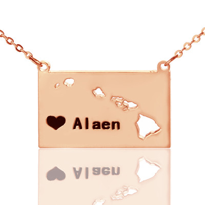 Rose Gold Custom Hawaii State Shaped Necklace with Heart Name