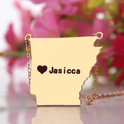 Personalised Arkansas Map Pendant with Heart Charm - Rose Gold