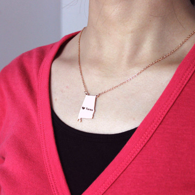 Personalised AL State Love Map Necklace with Heart and Name in Rose Gold