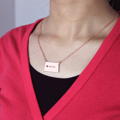 Personalised USA Necklace With ND State Map and Rose Gold Heart [Name]