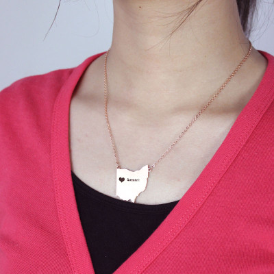 Personalised Ohio USA Map Necklace with Heart & Name in Rose Gold