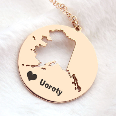 Personalised Alaska Disc State Pendants with Heart and Name - Rose Gold