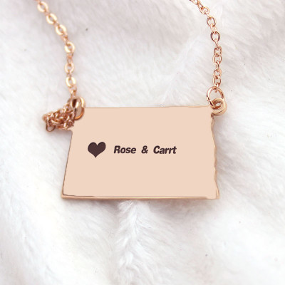 Personalised USA Necklace With ND State Map and Rose Gold Heart [Name]