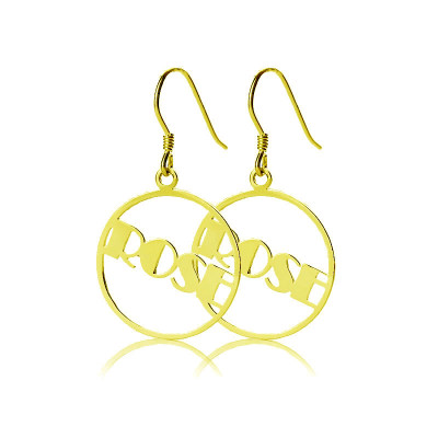 Gold Plated Circle Name Earrings in Broadway Font - 18ct Gold